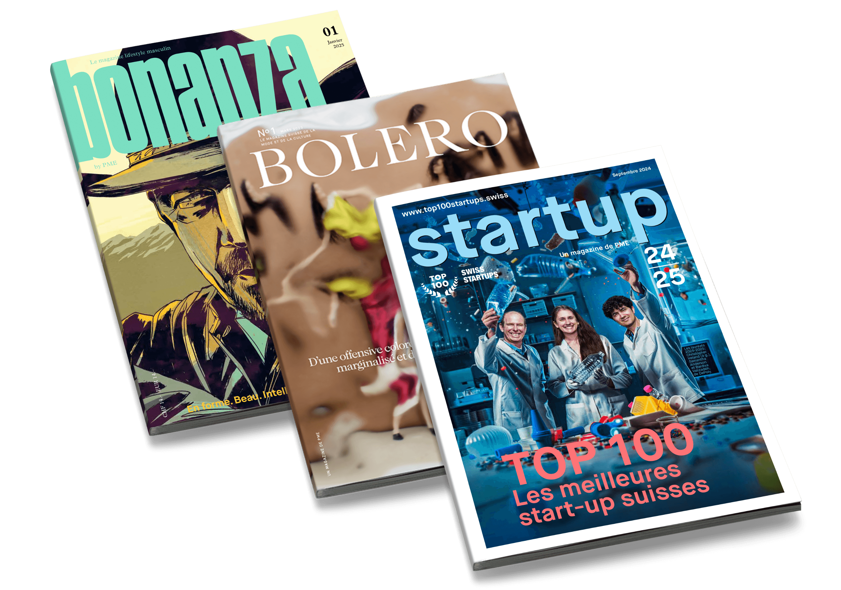 Suppléments Mags <h2>Hors-séries et suppléments</h2>
<p>Le magazine PME est accompagné de plusieurs suppléments dans l'année. Le «Top 100 startup» est LA référence en matière d'innovation avec un classement des 100 meilleures start-up de Suisse; et enfin les deux hors-séries «Bonanza» et «Bolero» mettent un coup de projecteur sur des thématiques lifestyle, en Suisse et à l’international.</p>